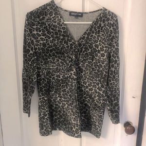 Soft velveteen black grey cheetah print V-neck blouse with gathered bodice.